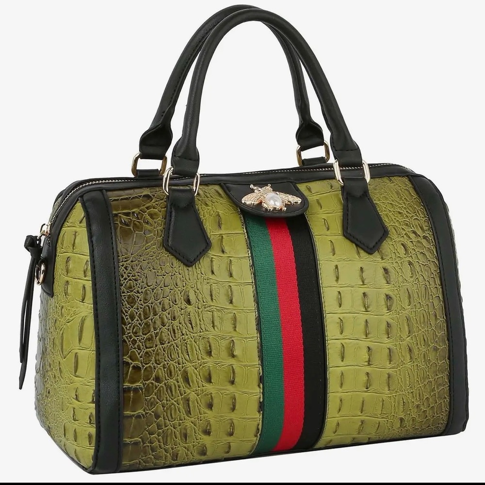 Olive Green Croc-Embossed Top-Handle Bag with Stripe Accent